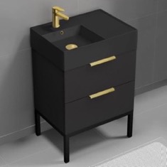 Black 24 inch Small Bathroom Vanity, Modern, Matte Black, Free Standing, Gold Handles